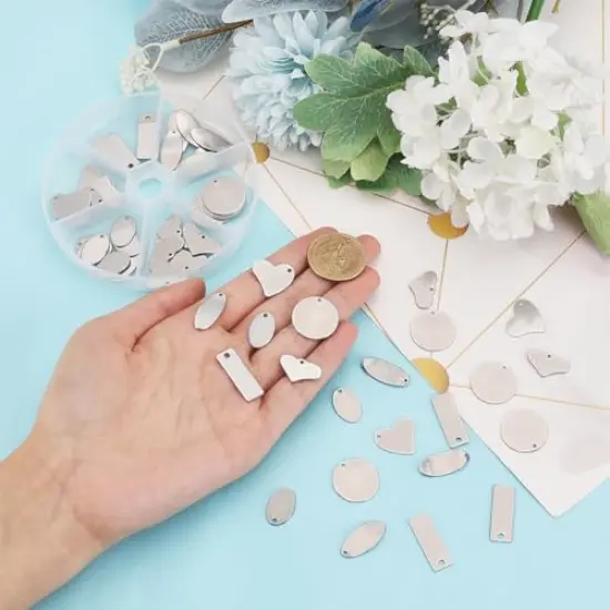 304 Stainless Steel Stamping Charms 60 Pieces Stamping Tag Pendants Stamping Blank Tags 6 Style Stamping Blank Tags Heart Round Metal Tag for Bracelet Necklace Jewelry DIY Craft Gift Making {5}