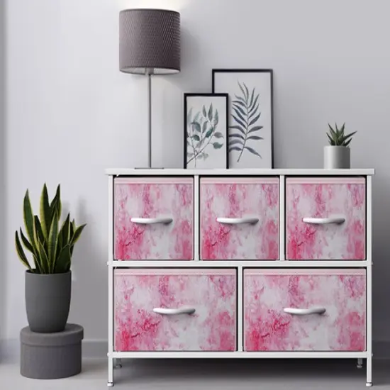 Sorbus Dresser with 5 Drawers - Storage Chest Organizer Unit with Steel Frame, Wood Top, Easy Pull Fabric Bins - Long Wide TV Stand for Bedroom Furniture, Hallway, Closet & Office Organization Tie Dye Pink {2}
