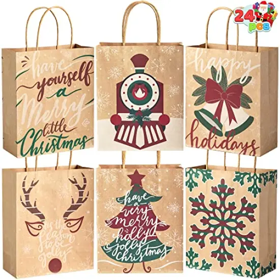 JOYIN 24 PCS Christmas Kraft Bags, Paper Gift Bags with Christmas Characters for Xmas Party Favors, Goody Gift Bags, Holiday Treat Box and Presents 7.25x9x3.5 Inch (not included tissue paper) {2}