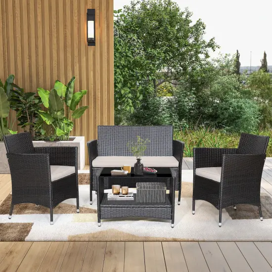 4 Pieces Patio Conversation Set with Soft Cushions and Tempered Glass Tabletop {3}