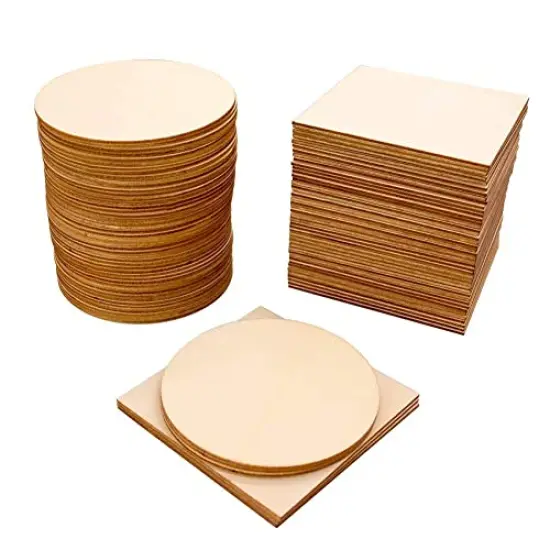 100 Pieces of Unfinished Wood Chips 4x4 inch Blank Wood Chips for Handicrafts Home Decoration Wooden Coasters and DIY Crafts 50 Pcs Wood Squares and 50 Pcs Wood Circles {3}
