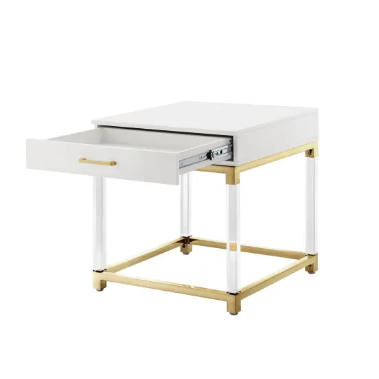 Caspian High Gloss Acrylic Leg Metal Base Side/Accent Table Nightstand White/Gold {4}