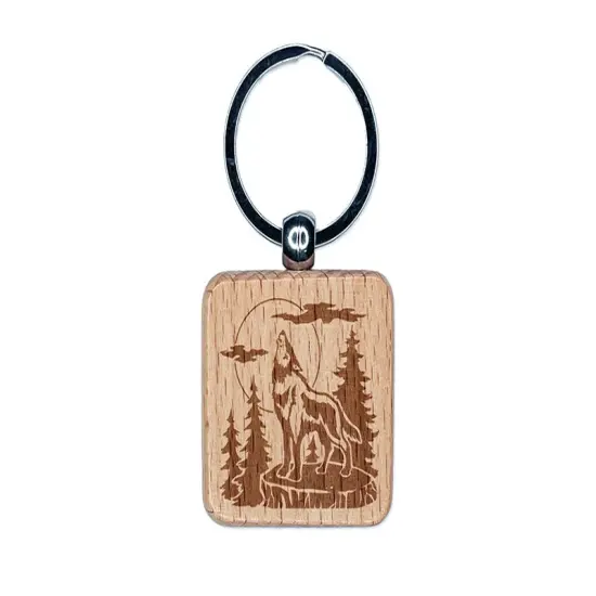 Wild Wolf Howling At the Moon in Forest Engraved Wood Square Keychain Tag Charm {1}