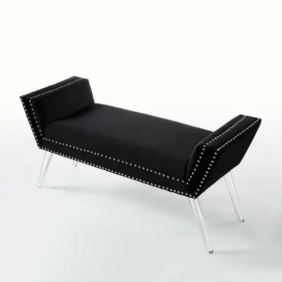 Lexi Velvet Nailhead Trim Acrylic Leg Ottoman Bench Black {2}