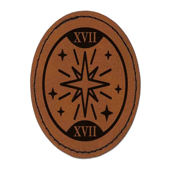 The Star Tarot Card Round Iron-On Engraved Faux Leather Patch Applique - 2.5" Brown {1}