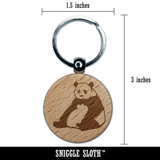 Giant Panda Bear Sitting Engraved Wood Round Keychain Tag Charm {2}