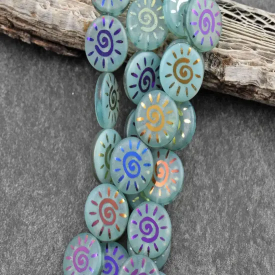 *8* 14mm Aqua Opaline Satin Sliperit Laser Tattoo Sun Coin Beads {2}