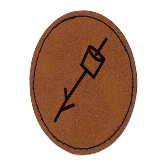 Marshmallow on a Stick S'mores Camping Doodle Round Iron-On Engraved Faux Leather Patch Applique - 2.5" Brown {1}