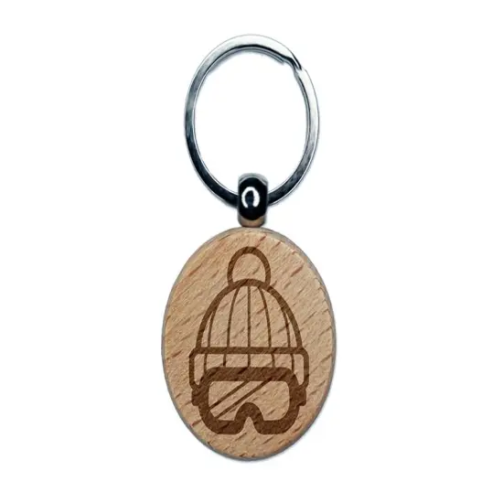 Snowboard Ski Goggles with Beanie Hat Winter Engraved Wood Round Keychain Tag Charm {1}