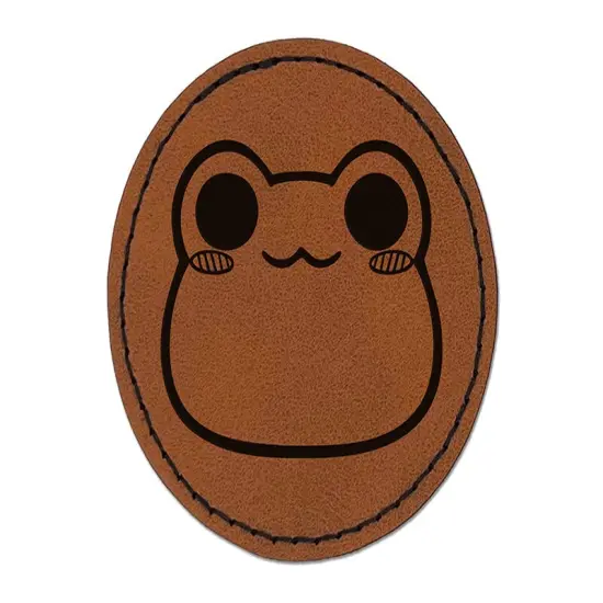 Charming Kawaii Chibi Smug Frog Toad Face Blushing Cheeks Round Iron-On Engraved Faux Leather Patch Applique - 2.5" Brown {1}