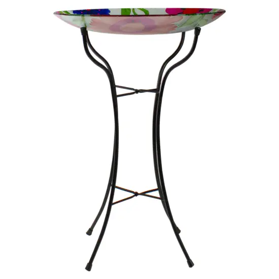 Northlight 18&rdquo; Red and Blue Summer Flowers Hand Painted Glass Outdoor Patio Birdbath {6}