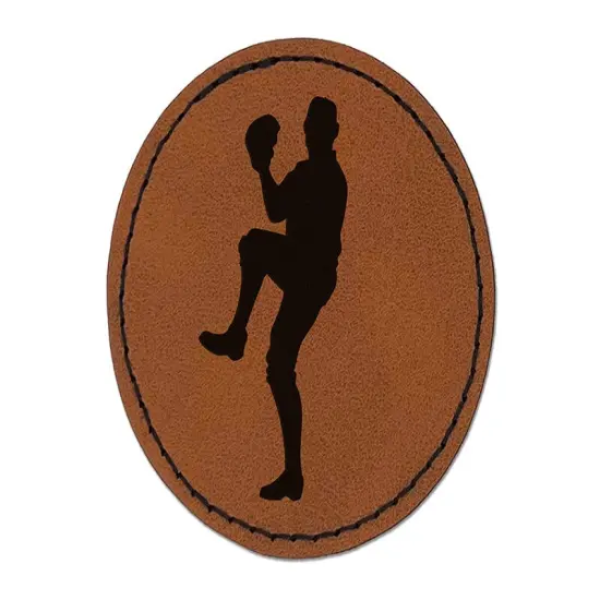 Baseball Player Pitcher Winding Up Round Iron-On Engraved Faux Leather Patch Applique - 2.5" Brown {1}