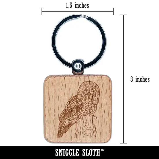 Wise Great Gray Owl Engraved Wood Square Keychain Tag Charm {2}