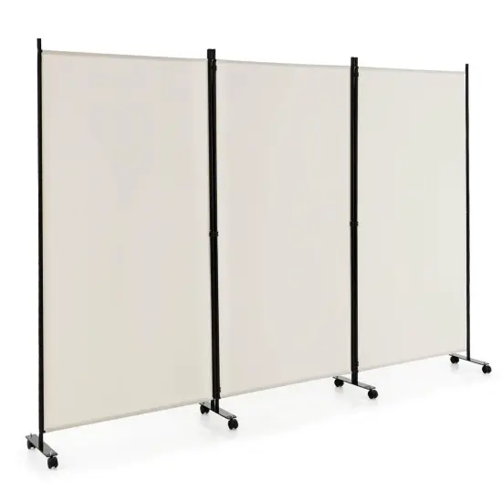 3 Panel Folding Room Divider with 8 Smooth Universal Lockable Wheels White {3}