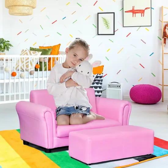 Costway Pink Kids Sofa Armrest Chair Couch Lounge Children Birthday Gift w/ Ottoman {3}