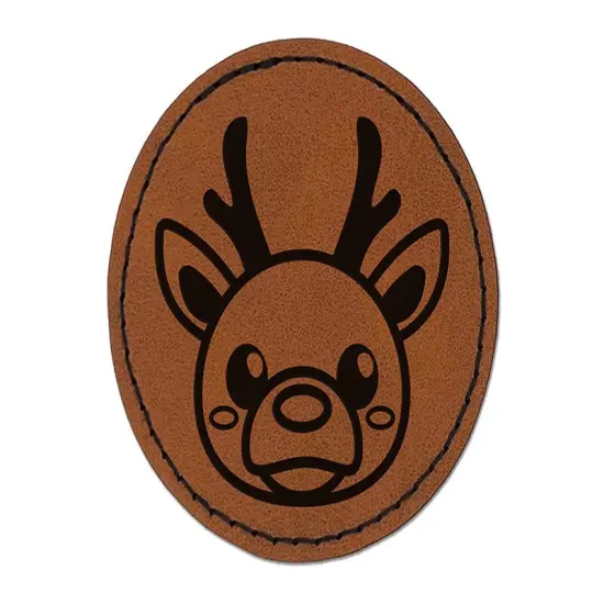 Cute Christmas Reindeer with Bright Nose Round Iron-On Engraved Faux Leather Patch Applique - 2.5" Brown {1}