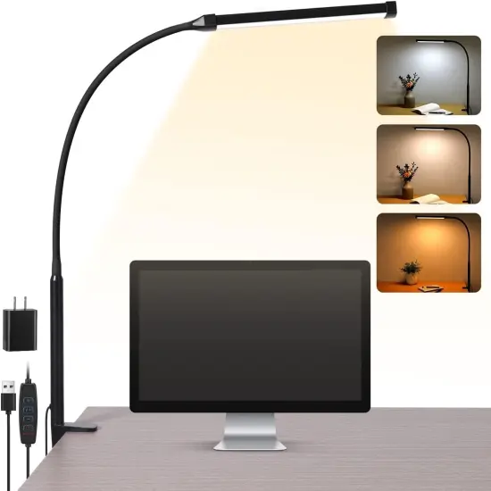 LED Desk lamp with Clamp, Eye-Caring Clip on Lights for Home Office, 3 Modes 10 Brightness, Long Flexible Gooseneck,Metal, Swing Arm Architect Task Table Lamps with USB Adapter, Black {2}