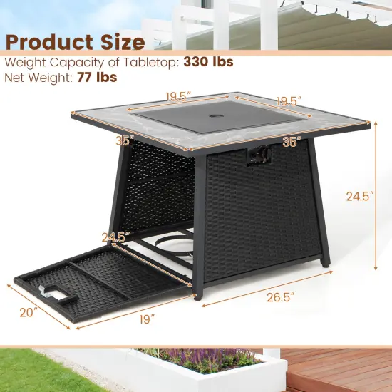 35 Inch Propane Gas Fire Pit Table Wicker Rattan with Lava Rocks PVC Cover-Black {4}