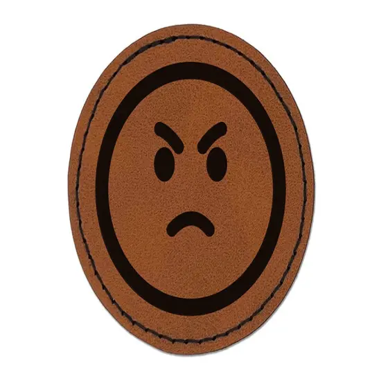 Angry Mad Face Emoticon Round Iron-On Engraved Faux Leather Patch Applique - 2.5" Brown {1}