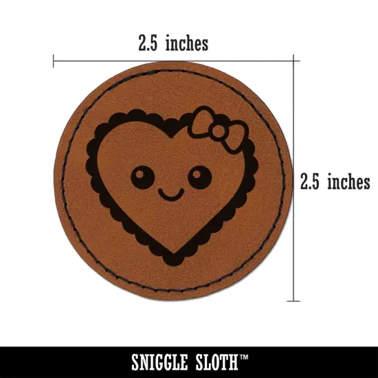 Cute Kawaii Heart with Bow Round Iron-On Engraved Faux Leather Patch Applique - 2.5" Brown {3}