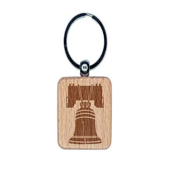 Liberty Bell Philadelphia Landmark United States of America Engraved Wood Square Keychain Tag Charm {1}