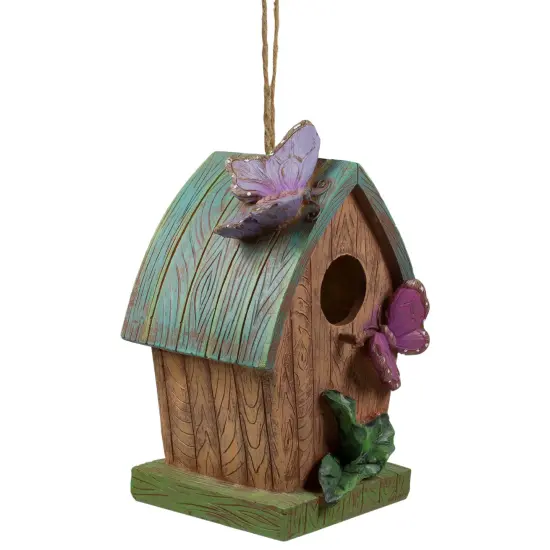 Northlight 10" Brown and Green Hanging Birdhouse with Butterflies Outdoor Garden Decor {4}