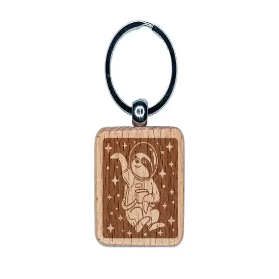 Sloth Astronaut Floating in Space Engraved Wood Square Keychain Tag Charm {1}
