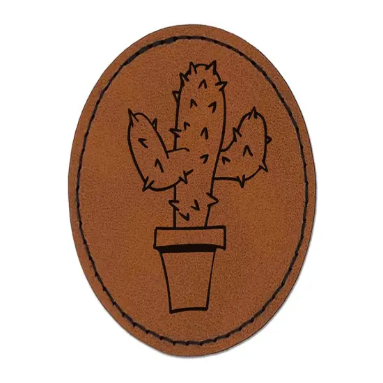 Cute Prickly Cactus Round Iron-On Engraved Faux Leather Patch Applique - 2.5" Brown {1}