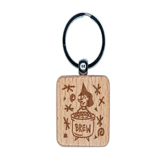 Witches Brew Pot Halloween Fun Engraved Wood Square Keychain Tag Charm {1}