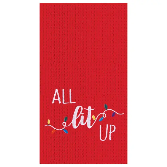 27" x 18" "All Lit Up" Sentiment Red Cotton Christmas Waffle Weave Kitchen Dish Towel Decor Decoration {1}