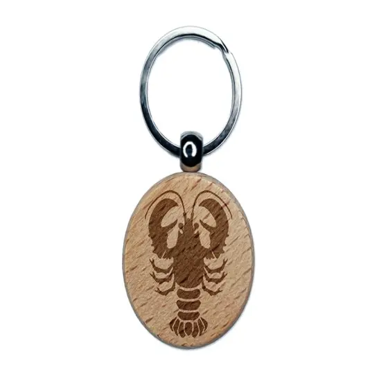 Maine Lobster Silhouette Engraved Wood Round Keychain Tag Charm {1}