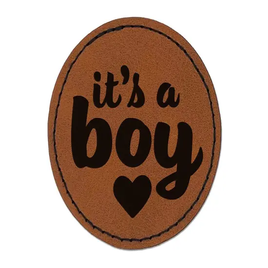 It's a Boy Baby Shower Party Round Iron-On Engraved Faux Leather Patch Applique - 2.5" Brown {1}