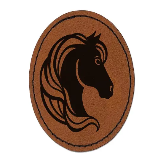 Horse Head Flowing Mane Stallion Round Iron-On Engraved Faux Leather Patch Applique - 2.5" Brown {1}