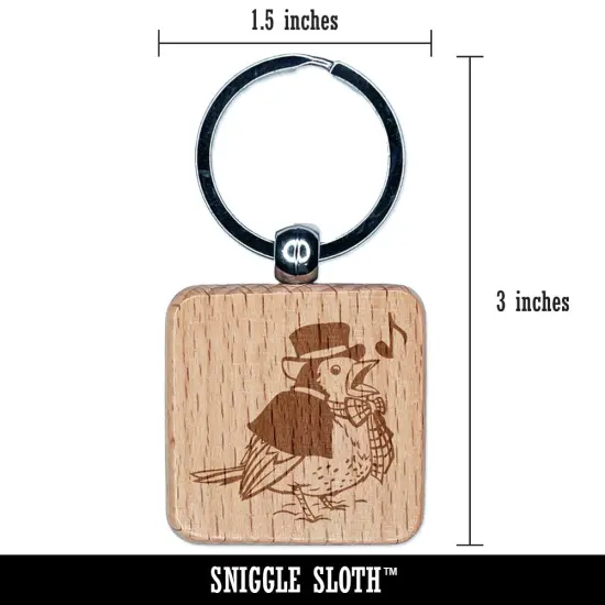 Christmas Caroler Song Bird Robin Engraved Wood Square Keychain Tag Charm {2}