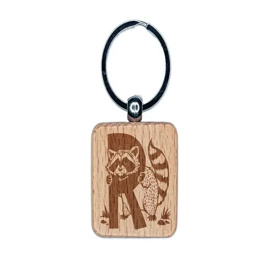Animal Alphabet Letter R for Raccoon Engraved Wood Square Keychain Tag Charm {1}