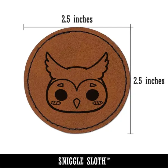 Charming Kawaii Chibi Owl Face Blushing Cheeks Great Horned Round Iron-On Engraved Faux Leather Patch Applique - 2.5" Brown {3}