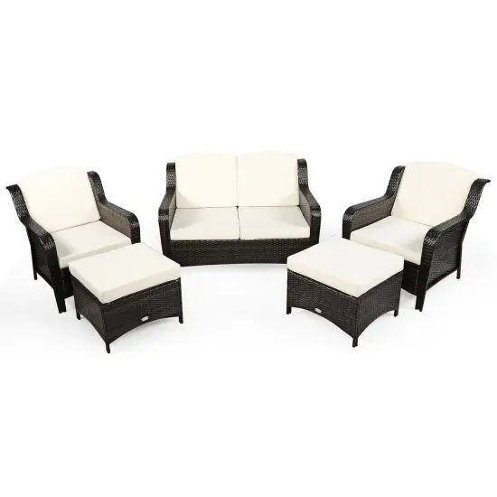 5 Pieces Patio Rattan Sofa Set with Cushion and Ottoman Off White {3}