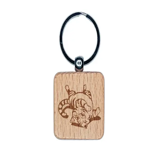 Playful Cat Rolling Around Engraved Wood Square Keychain Tag Charm {1}