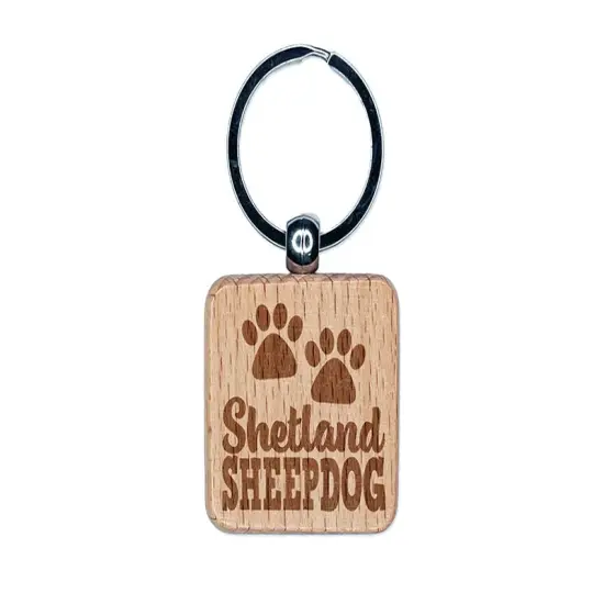 Shetland Sheepdog Dog Paw Prints Fun Text Engraved Wood Square Keychain Tag Charm {1}