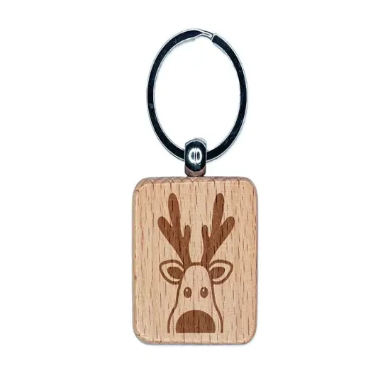 Peeking Reindeer Christmas Engraved Wood Square Keychain Tag Charm {1}