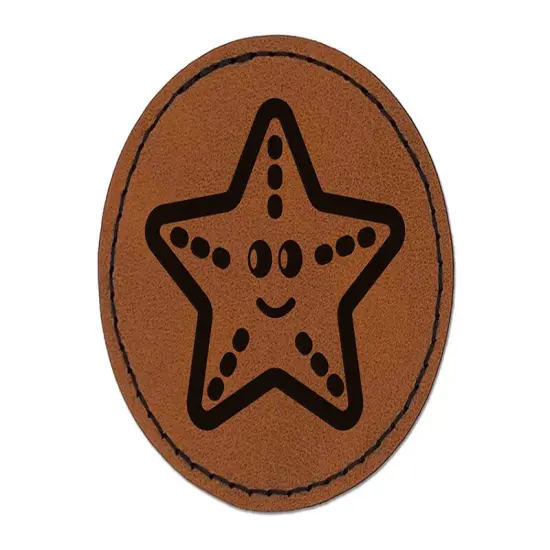 Starfish Doodle Round Iron-On Engraved Faux Leather Patch Applique - 2.5" Brown {1}