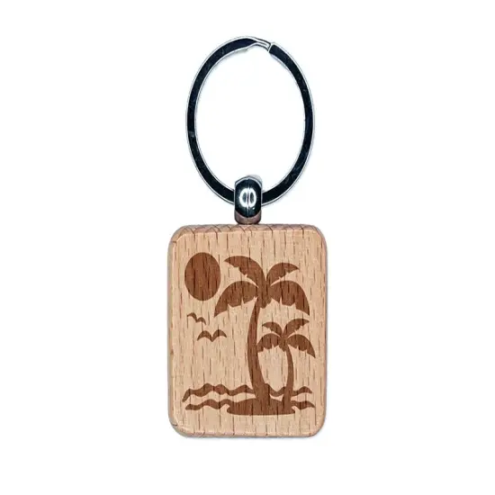 Palm Tree Tropical Island Sun Waves Engraved Wood Square Keychain Tag Charm {1}