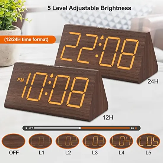 Wooden Digital Alarm Clocks for Bedrooms - Electric Desk Clock with Large Numbers, USB Port, Battery Backup Alarm, Adjustable Volume, Dimmer, Snooze, DST, 12/24H, Wood D&eacute;cor (Brown) {3}