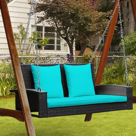 2-Person Patio Rattan Porch Swing with Cushions Turquoise {1}