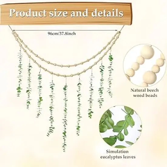 Boho Wall Decor Artificial Hanging Eucalyptus Wooden Beads Garland Eucalyptus Greenery Decoration for Bedroom Bathroom, Living Room, Office, Home, Wedding {6}