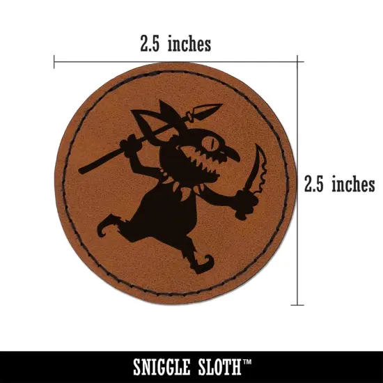 Dungeon Goblin Spear Dagger Round Iron-On Engraved Faux Leather Patch Applique - 2.5" Brown {3}
