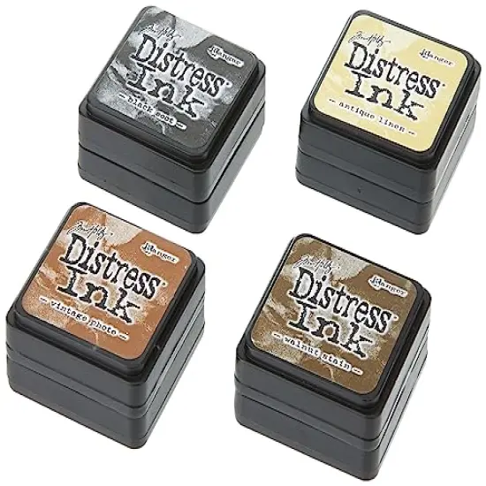 4 Pieces Ranger THoltz Ink Set 3 Tim Holtz Distress InkSet, Mini (Four 1x1 inch Pads), Antique Linen, Vintage Photo, Walnut Stain, and Black Soot, {1}
