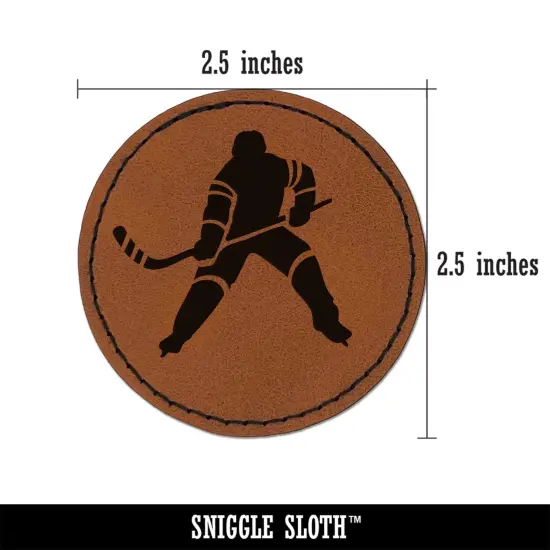 Hockey Player Holding Hockey Stick Round Iron-On Engraved Faux Leather Patch Applique - 2.5" Brown {3}