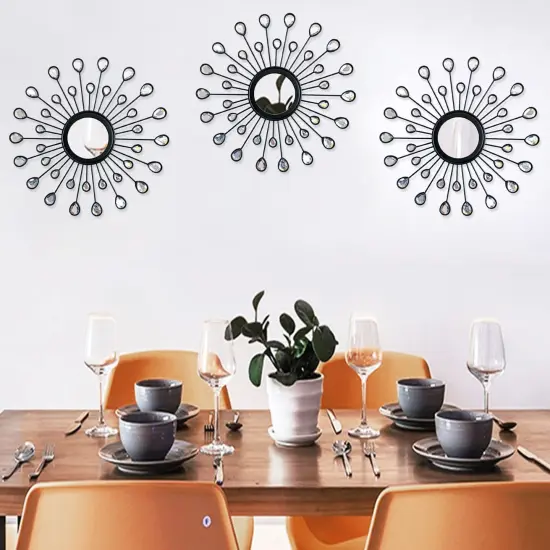 3 Pack Metal Wall Mirrors Rhinestones Starburst Mirror Set Bling Home Decorative Hanging Wall Art for Living Room Bedroom-Water-Drop Burst Black {6}