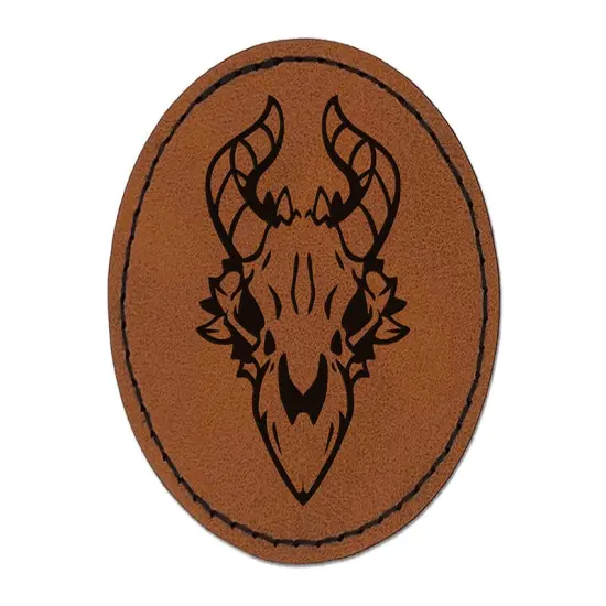 Dragon Skull Horns Round Iron-On Engraved Faux Leather Patch Applique - 2.5" Brown {1}